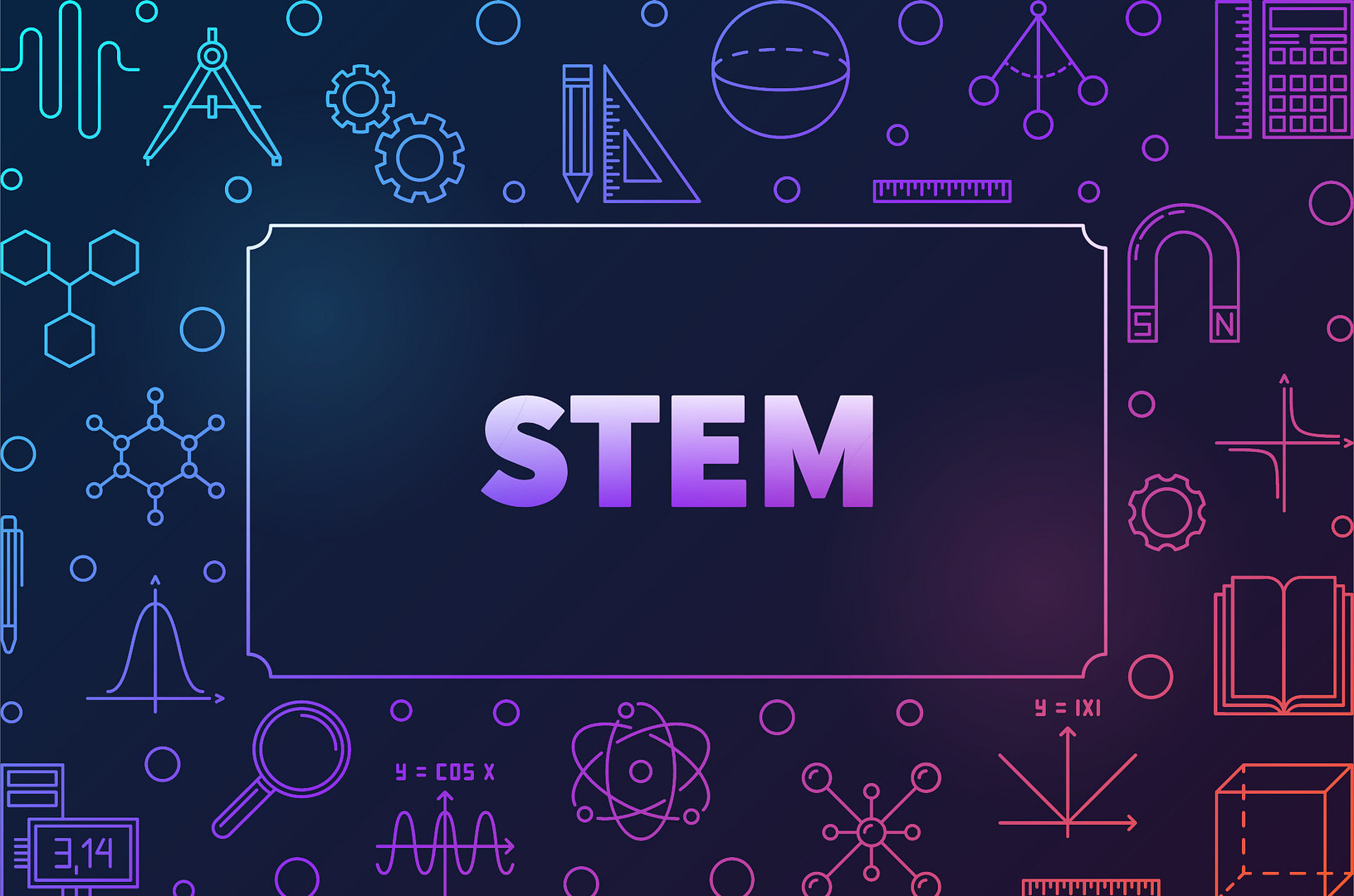 The word 'STEM' in capital letters is surrounded by a variety of small science related symbols.
